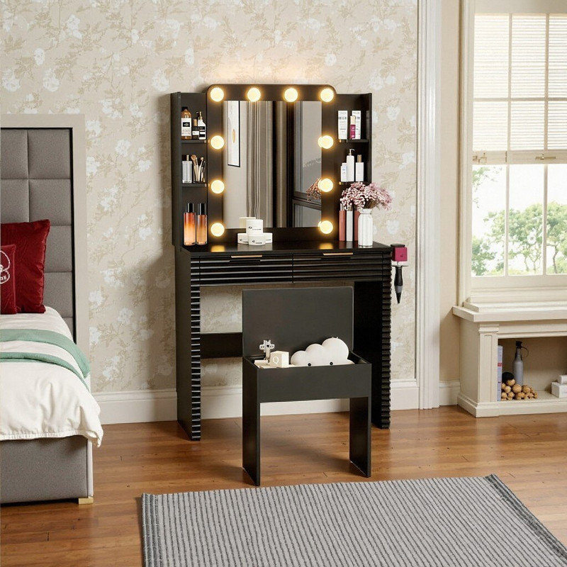 Meuble-lavabo lumineux à DEL avec station de charge, 2 tiroirs, 4 tablettes ouvertes, tabouret de rangement