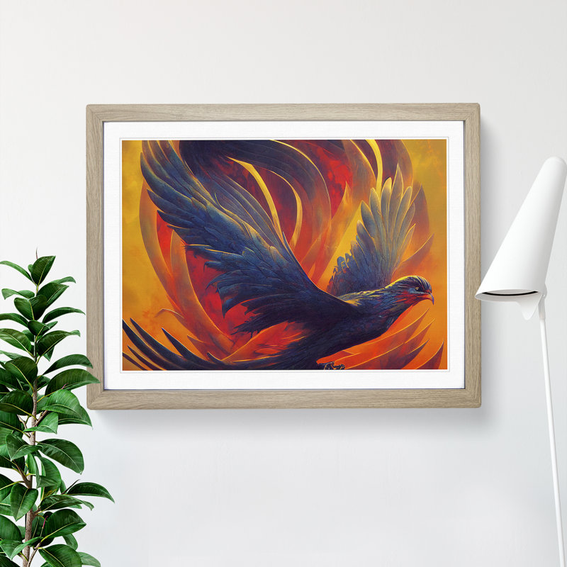 Luminous Phoenix Bird - Single Picture Frame Print, 46cm H x 64cm W x 2cm D, Oak