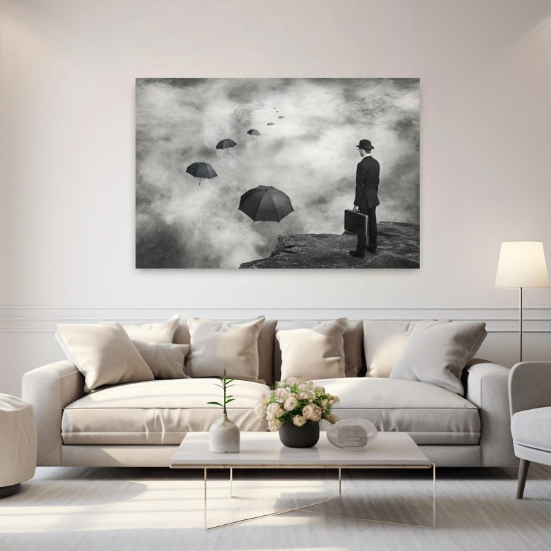 Homme et parapluies flottants, H 40 po x l 60 po
