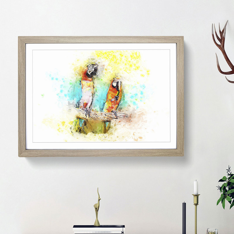 Two Macaw Parrots on a Branch in Abstract - Picture Frame Painting Print, Oak Framed, 27cm H x 36cm W x 2cm D