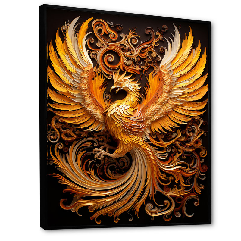 Mythical Creature Golden Griffin Pheonix sur toile, Cadre flottant noir, H 20 po x l 12 po x P 1 po