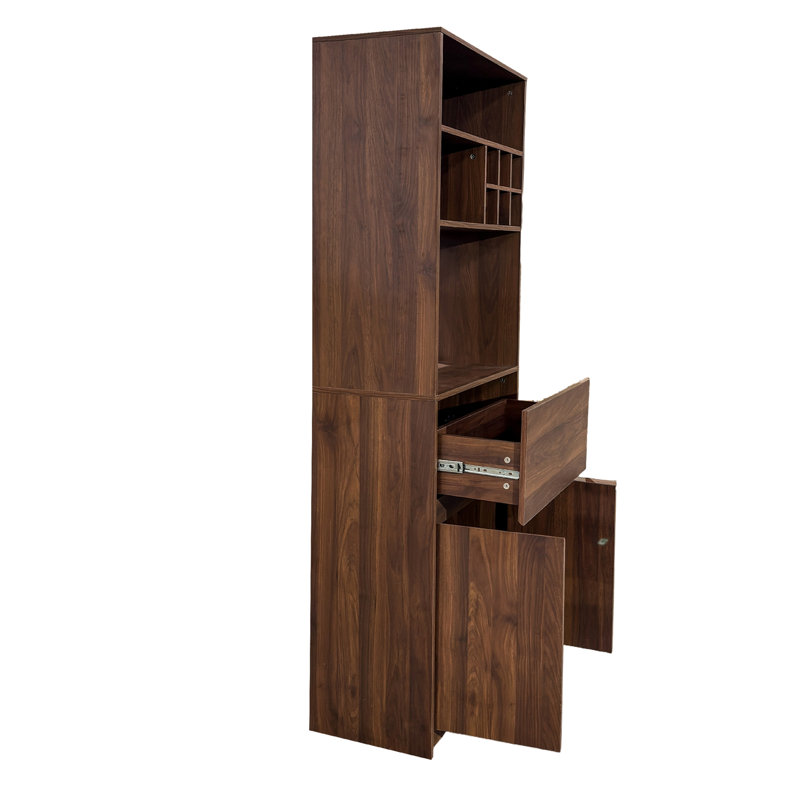Farmhouse Kitchen Wine Hutch with Glass Rack and Open Storage in Walnut Brown