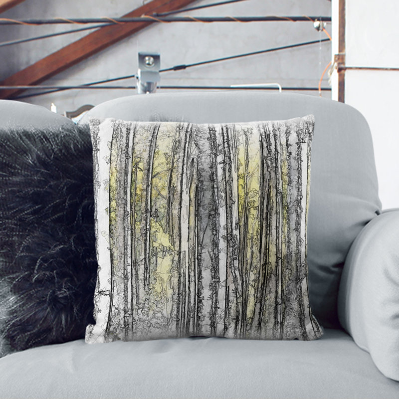 Yellow Birch Tree Forest Cushion with Filling, 40cm H x 40cm W x 15cm D, Black