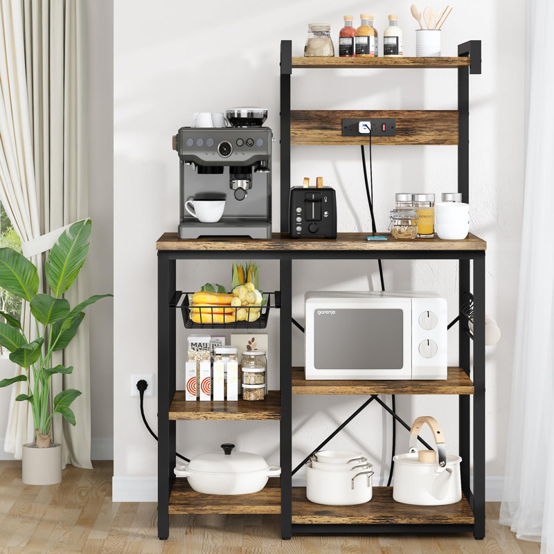 Rustic Kitchen Pantry Cabinet with Power Outlets & Adjustable Shelves - Microwave Stand, Coffee Bar Storage (DKLGG, Brown)