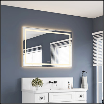Miroir de salle de bain à DEL avec façade et rétroéclairage, miroir de meuble-lavabo mural avec cadre en aluminium, antibuée, mémoire, 3 couleurs, gradation continue