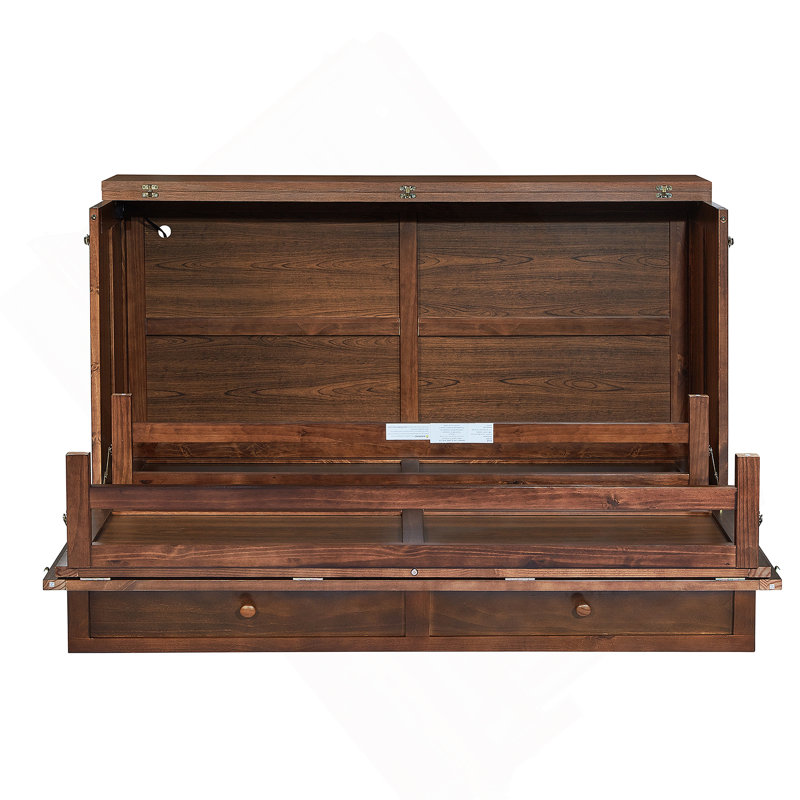 Murphy Bed Cabinet Queen with Storage Drawer and Charging Station, USB Port, Solid Pine Murphy Bedframe for Home Office, Studio or Guest Room
