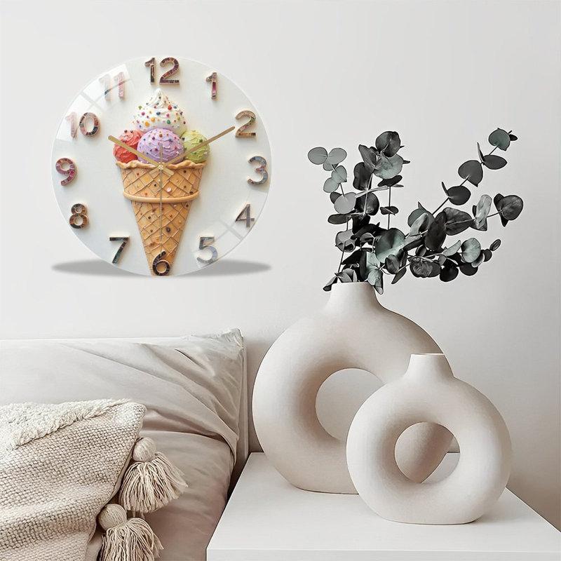 Horloge murale silencieuse en verre trempé de 30 cm, « Horloge murale en forme de cornet de glace », décoration intérieure. Fonctionne avec des piles AA (non incluses).