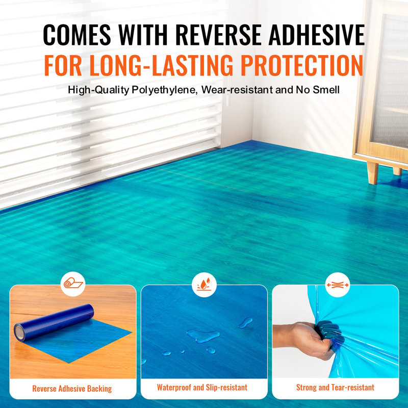 Film de protection pour tapis, protection de plancher et de surface de 24 po x 200 pi avec envers auto-adhésif et installation facile, rouleau de protection adhésif en polyéthylène pour la construction, bleu