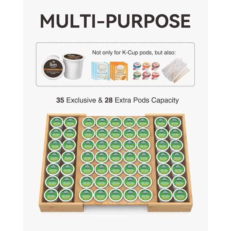 Larger Expandable Bamboo Coffee Pod Holder for Counter Drawer