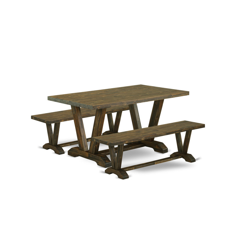 Ensemble de table à manger 3 pièces - 1 petite table de cuisine et 2 bancs de table de cuisine - Plateau de table Jacobean patiné et finition Jacobean patiné