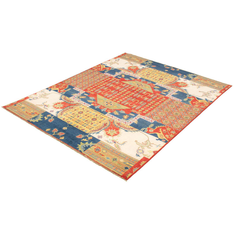 Tapis unique en laine noué à la main bleu / rouge des années 2010 de 8 pi 2 po x 10 pi 2 po Qaiden