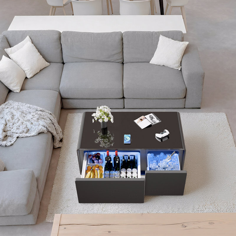 Table basse moderne et intelligente avec réfrigérateur intégré et tiroirs de congélateur Haut-parleur Bluetooth Chargeur sans fil Panneau de commande tactile Interface USB Protection de la prise de courant Lumière de l'atmosphère
