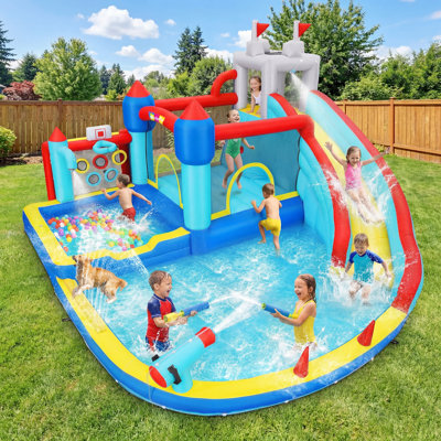 Grande glissade d'eau gonflable de 15 pi x 14,4 pi pour les enfants, parc aquatique Bounce House avec longue glissade et grande piscine, mur d'escalade, panier de basketball, aire de saut, mur d'escalade, jeu de fléchettes, pour la fête d'anniversaire en plein air