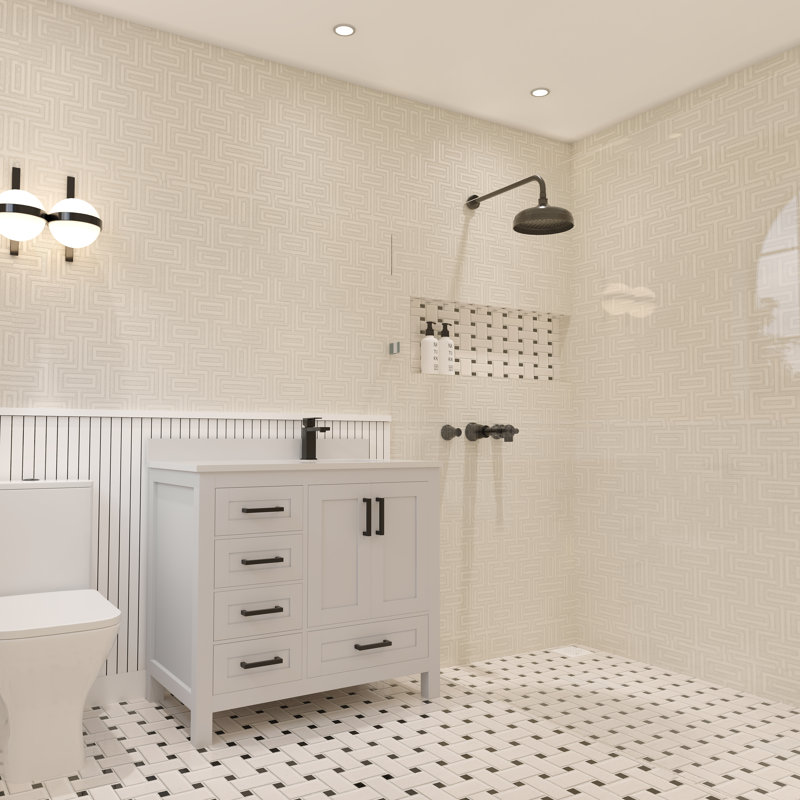 Meuble-lavabo simple 36 po avec plateau en quartz blanc Rooh, Blanc, Noir mat