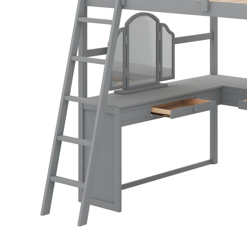 Full Wooden Loft Bed With Desk, Grey