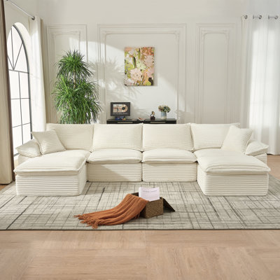 U-Shaped Sleeper Sofa 144" Fabric Beige No Assembly Required, with Movable Ottoman