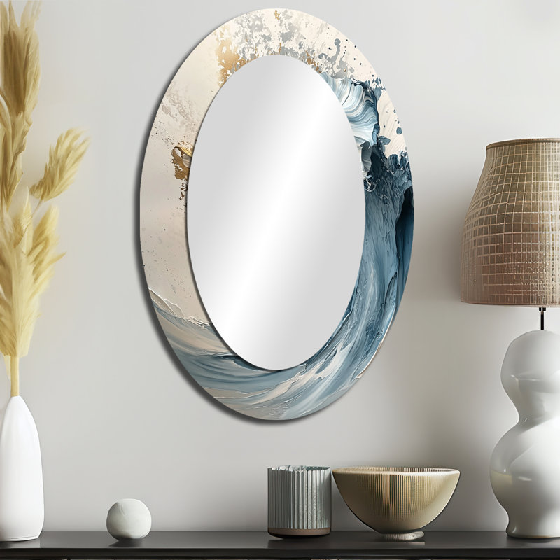 White And Blue Marble Wave Blend I - White Oval Wall Mirror Decor, 36" x 24"