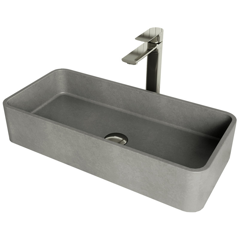 BrightonPalazzo Gothic 24" L x 11" W x 4" H Rectangular Concrete Vessel Bathroom Sink with 11" H Faucet
