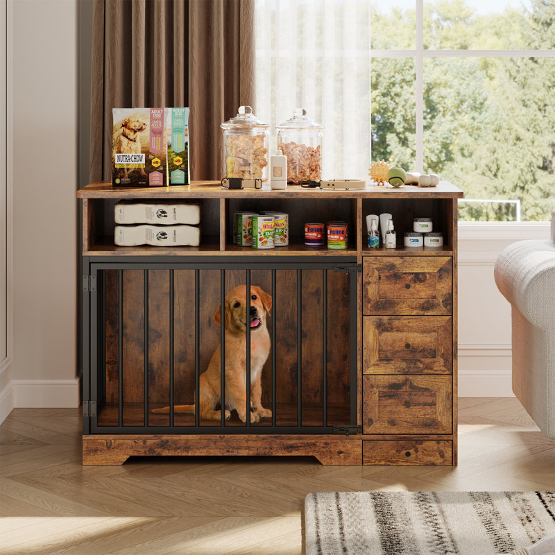 Mobilier pour cage de chien avec bols d'alimentation, Brun