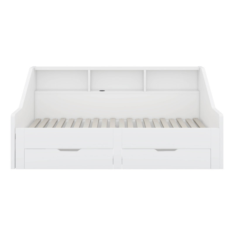 Carrol Twin to King Size Daybed Frame with Storage Bookcases, Two Drawers and Charging Design, White