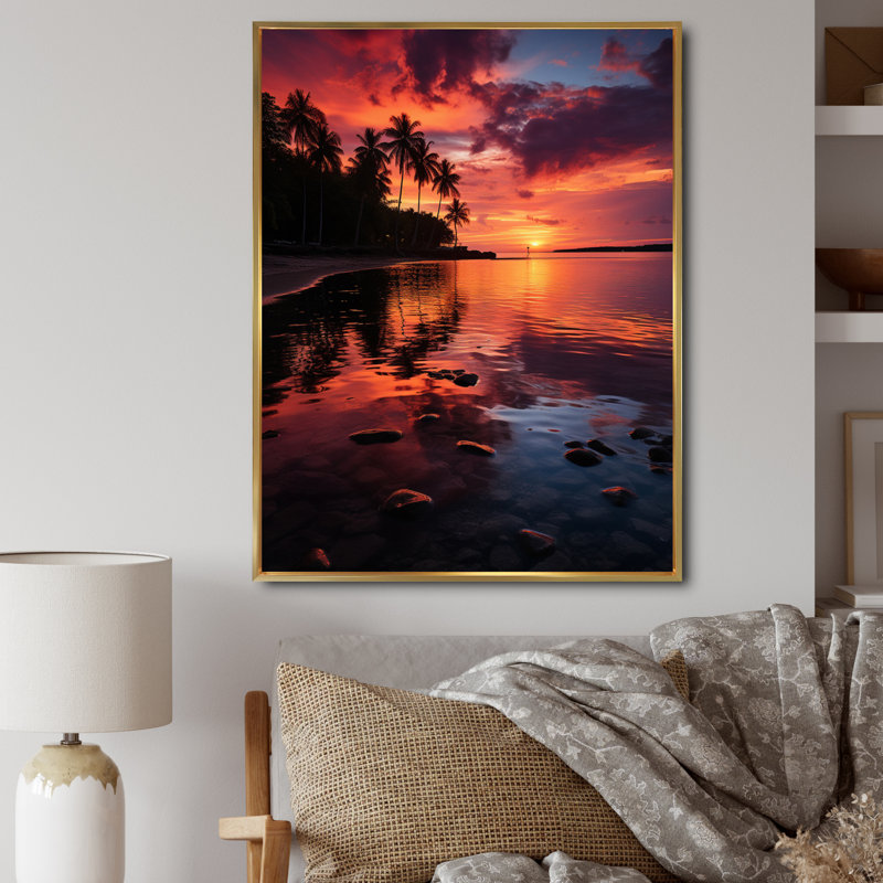 Dominicain Tropical Sunset Reflections II - Nautique et plage, impressions sur toile, Cadre flottant doré