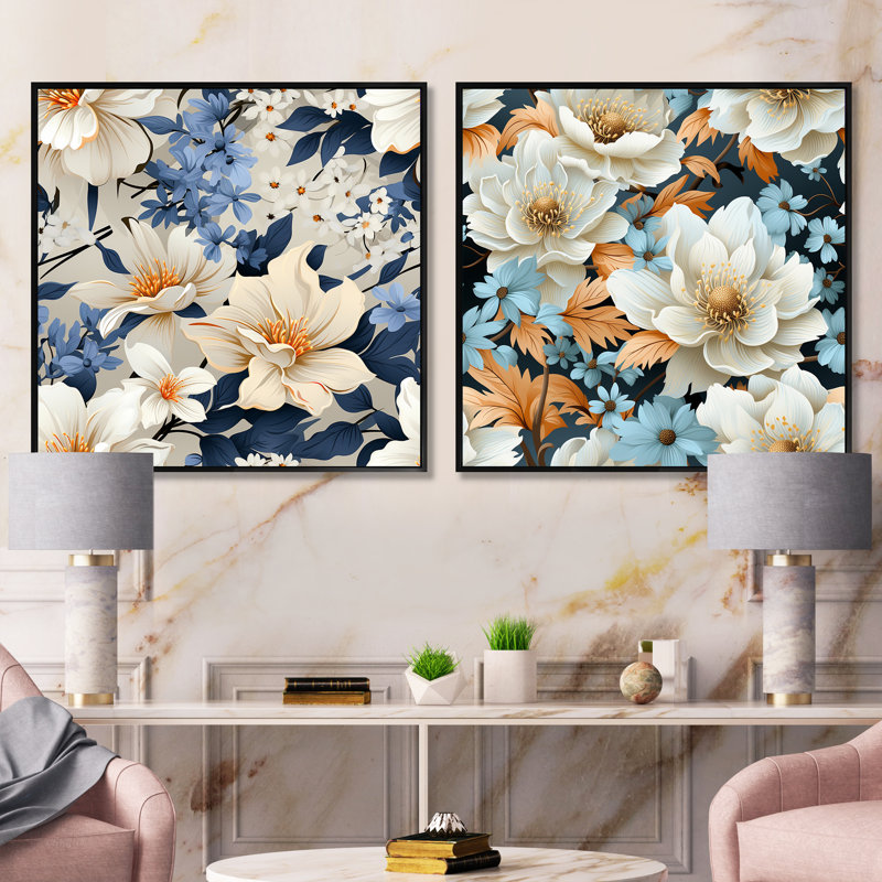 Jessim - ensemble de 2 collages carrés floraux, Cadre flottant noir, H 16 po x l 33 po
