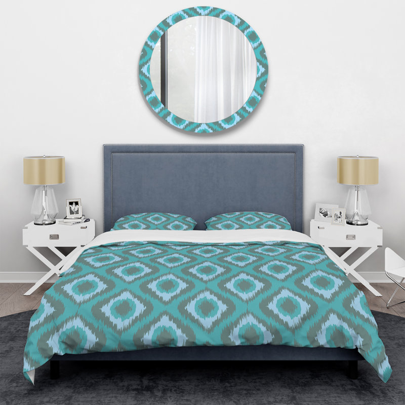 Ensemble de housse de couette à motif ikat ogat bleu à motif tribal, Housse de couette pour grand lit et 2 taies décor