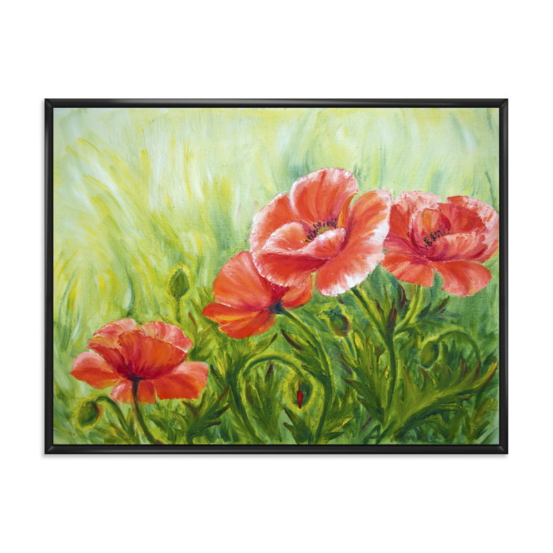 «Red Blossoming Poppies III», peinture sur toile, H 16 po x l 32 po x p 1 po, Toile encadrée noire