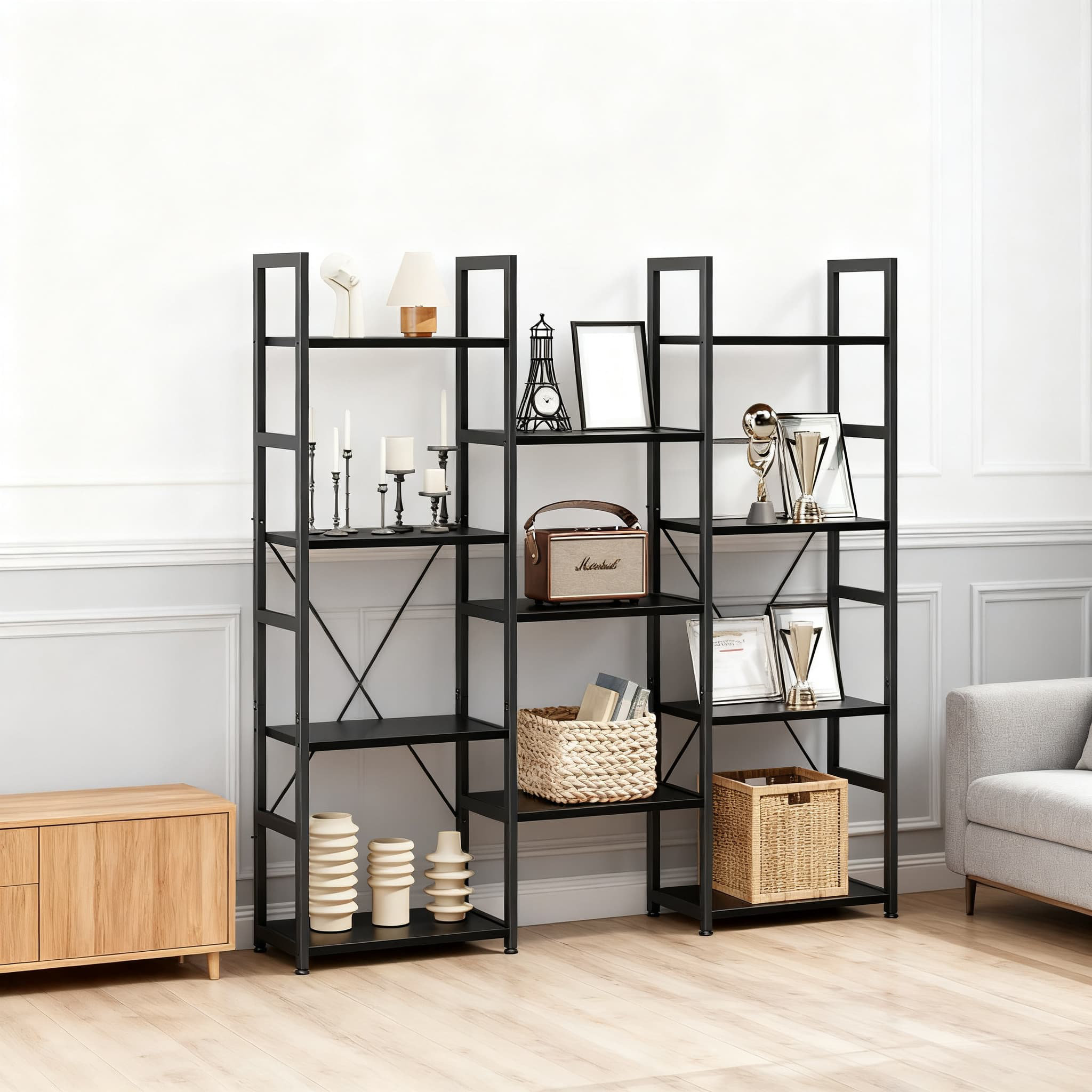 ACE-Space69 Triple Column 4-Tier Bookshelf With 11 Adjustable Shelves ...