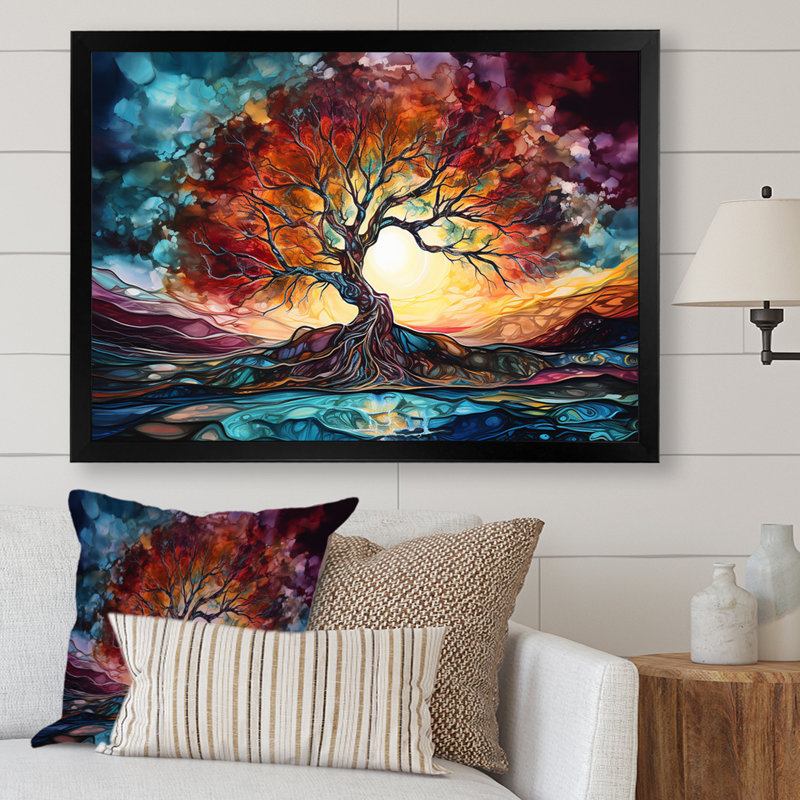 Lever de soleil coloré, paysage magique sur toile, Cadre simple noir, H 24 po x l 32 po x P 1 po