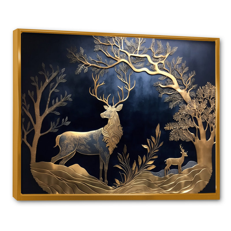 Cerf doré dans la forêt II - art mural forêt, H 30 po x l 40 po x P 1,5 po, Cadre flottant doré