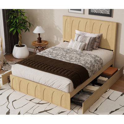 Queen Size Solid Wood Platform Bed Frame with Side Storage Drawers, Curved Headboard Wood Slat Support, No Box Spring Needed, Minimalist Natural Wood Bedroom Bed