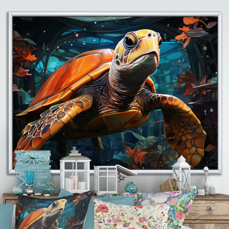 Turtle Journey Floral Geometric - Tortue, art mural sur toile, H 30 po x l 40 po x P 1,5 po, Cadre flottant blanc