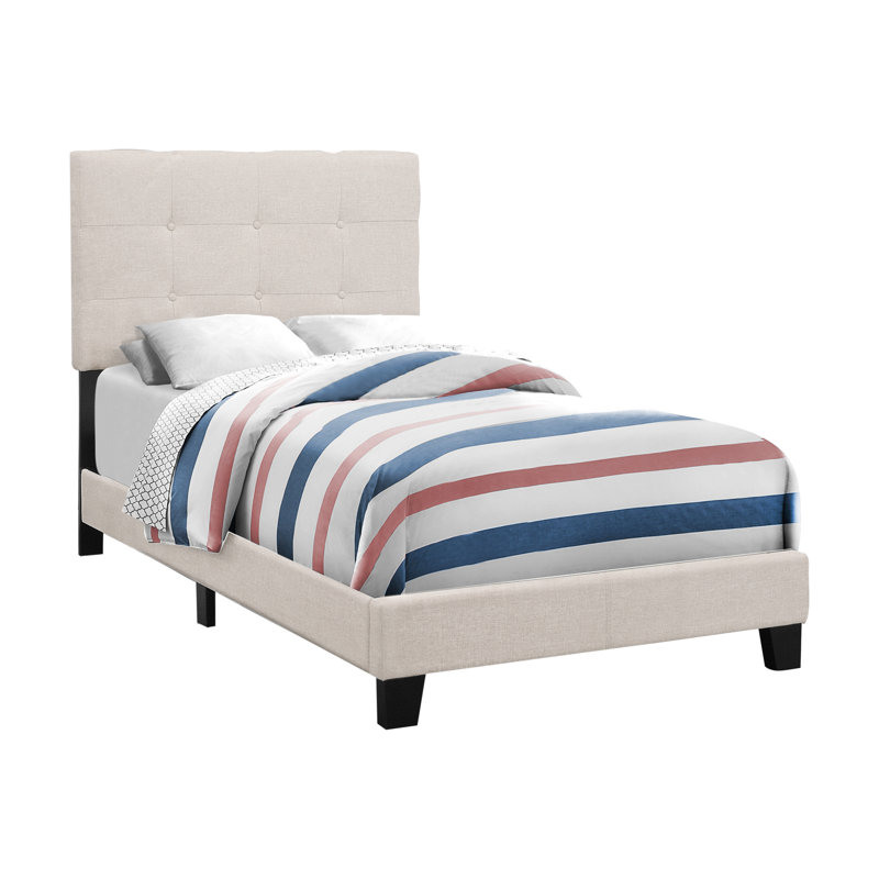 Lit simple beige aspect lin, rembourrage en mousse épaisse, base plateforme stable, coussin