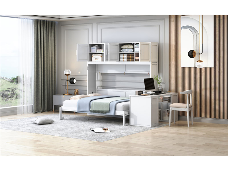 Grand lit escamotable mural grand format avec bureau intégré et armoires de rangement