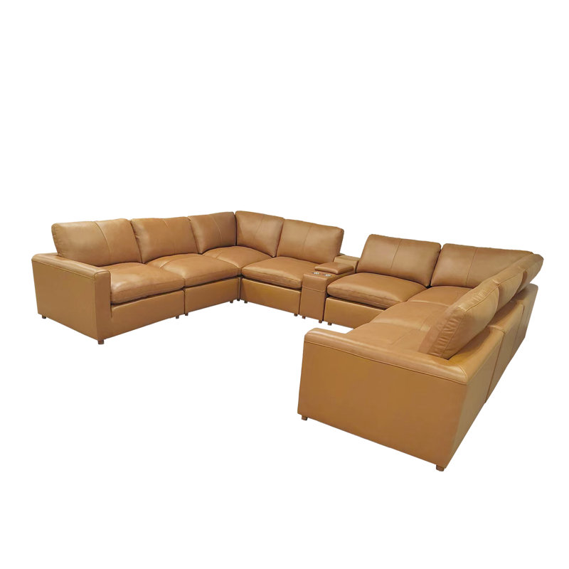 Reestock Top-Grain Leather Match Large Seating Modular Sectional, Ginger