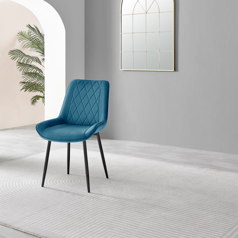 Everson High Gloss 6 Seat Extendable Dining Set with Luxury Velvet Upholstered Dining Chairs, Blue/Black