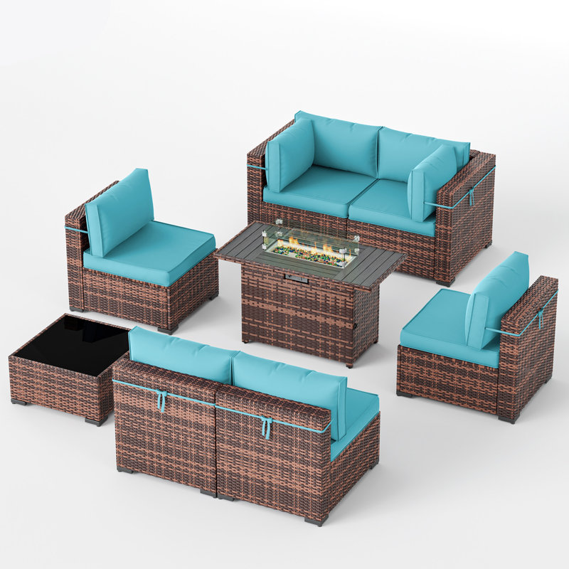 Ensemble de conversation pour patio 8 pièces avec foyer d'extérieur Romanas, Bleu ciel