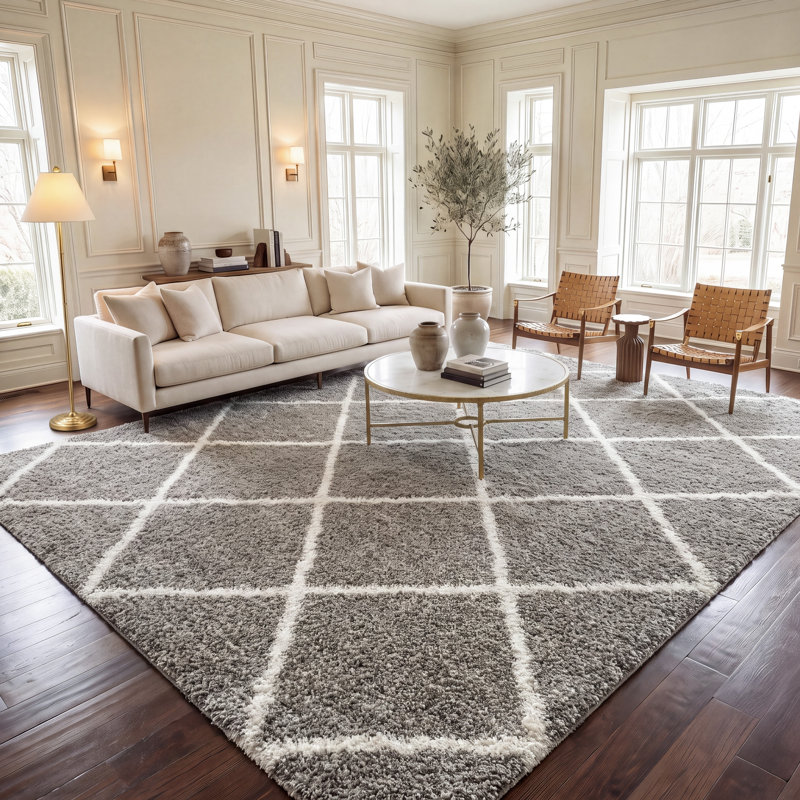 Tapis géométrique gris / ivoire, Rectangle de 10 pi x 14 pi, Très moelleux 2 po