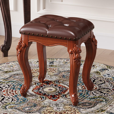 European Vintage Solid Wood Vanity Stool with Faux Leather Cushion, Carved Bedroom Accent Stool for Dining Room, Piano, and Living Room