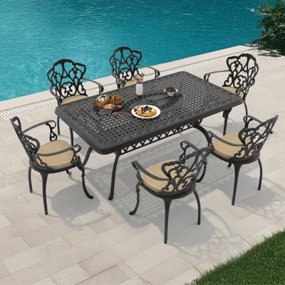 7-Piece Outdoor Cast Aluminum Dining Set, 66.93"L Rectangle Table with Umbrella Hole & 6 Armchairs with Beige Cushions