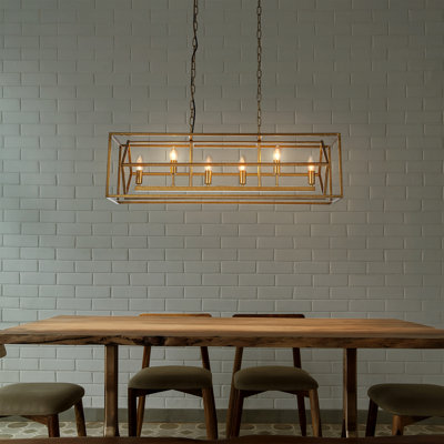 6-light 39'' Antique Gold Modern Unique/Statement Candle Linear Chandelier Rectangle Industrial Dining Room Kitchen Island Ceiling Light