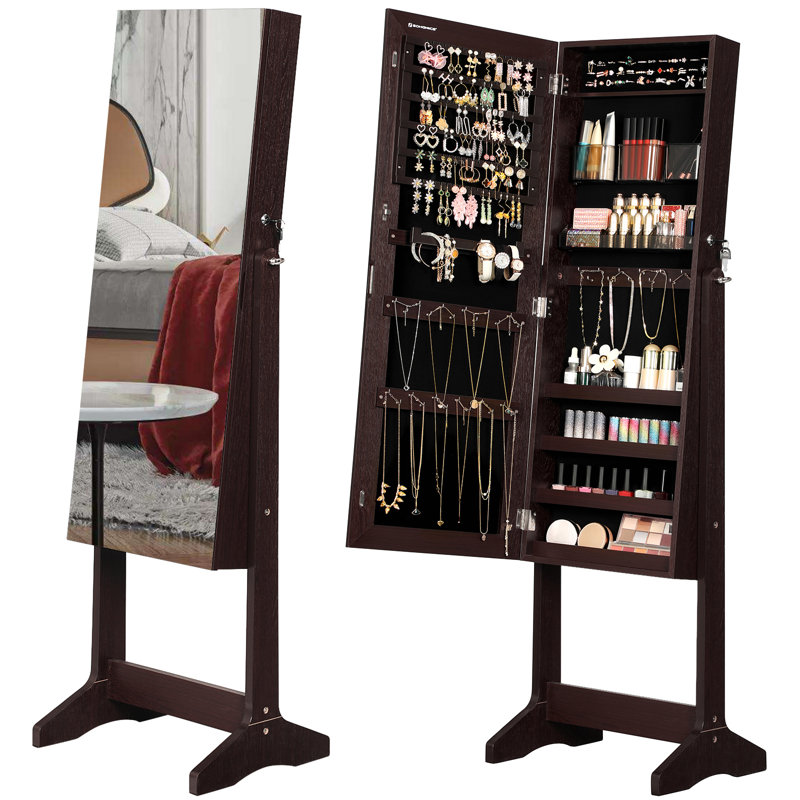 Armoire à bijoux autoportante avec miroir, Brun