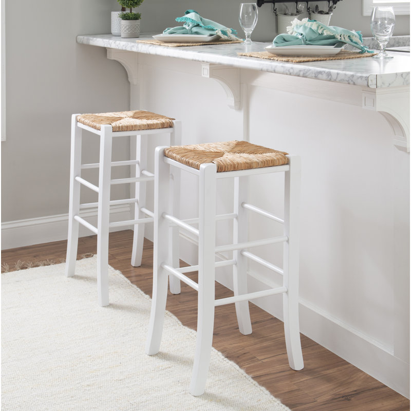 Halvorson Solid Beechwood Counter and Bar Stool With Rattan Seat (Set of 2) - White, Bar Stool ( 29" Seat Height)