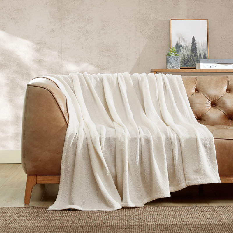 Herringbone Weave Cotton Twin Blanket in Bone - Reversible and Machine Washable