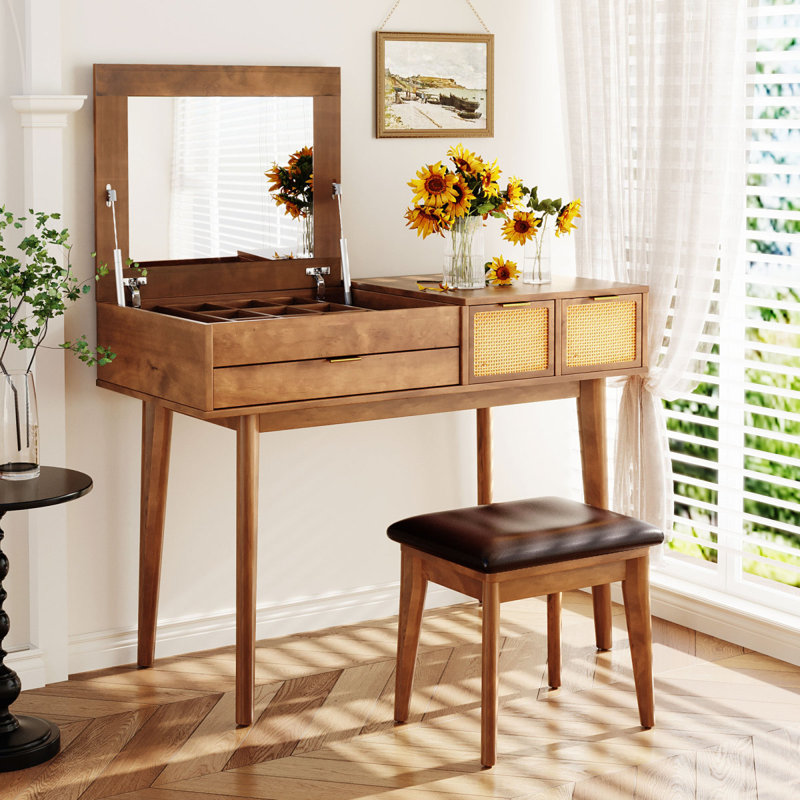 Ensemble de coiffeuse classique en bois avec miroir rabattable et tabouret pour la chambre à coucher