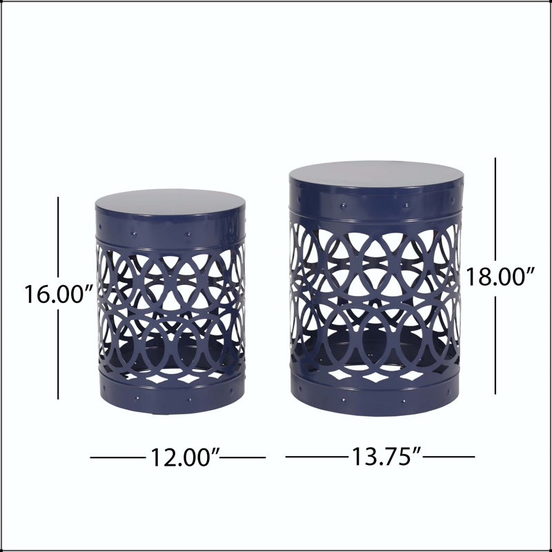 Ensemble de 2 tables de bout d'extérieur en métal avec motif de cercles superposés - bleu marine, Navy Blue
