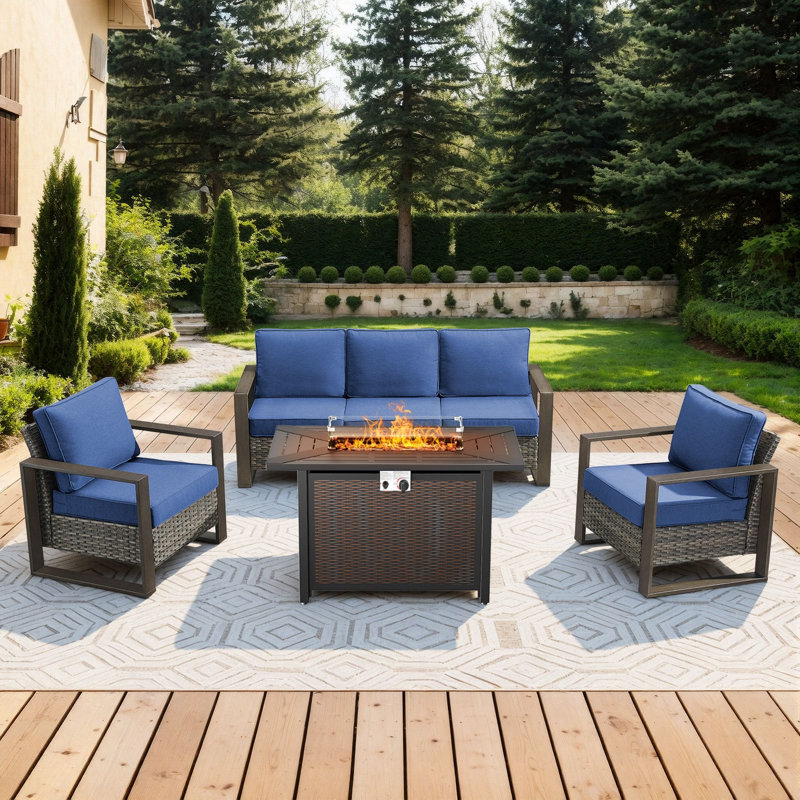 Drazen 5 - Person Patio Furniture Set With Fire Pit Table, All-Weather Wicker Outdoor Conversation Set With Chair And Thick Cushions