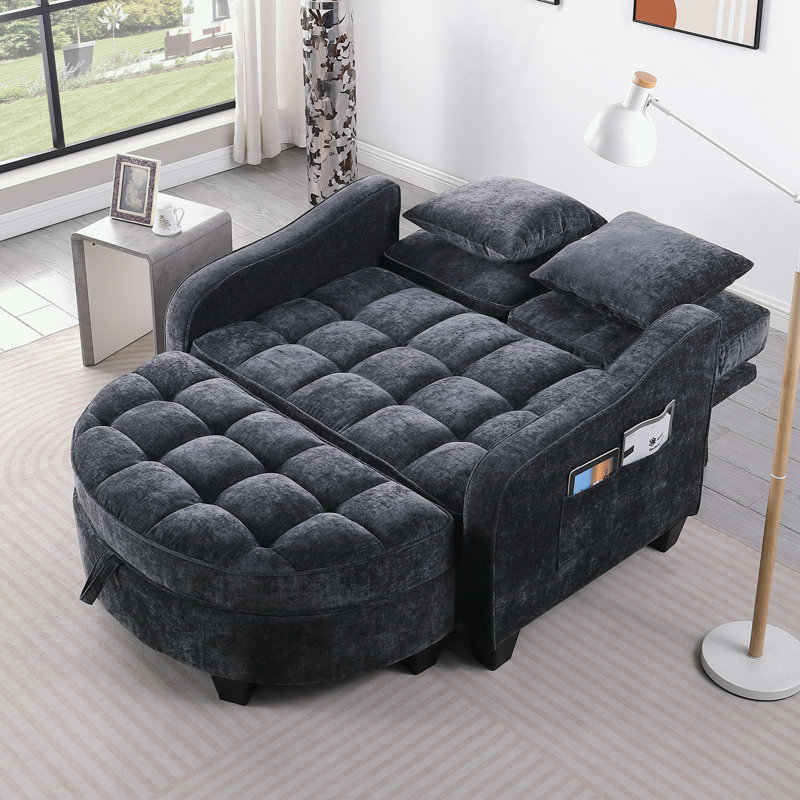 Double sofa chaise longue with irregular armrests and two small throw pillows, Black