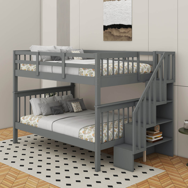 Lit double superposé au dessus d'un lit double avec rangement, Grey
